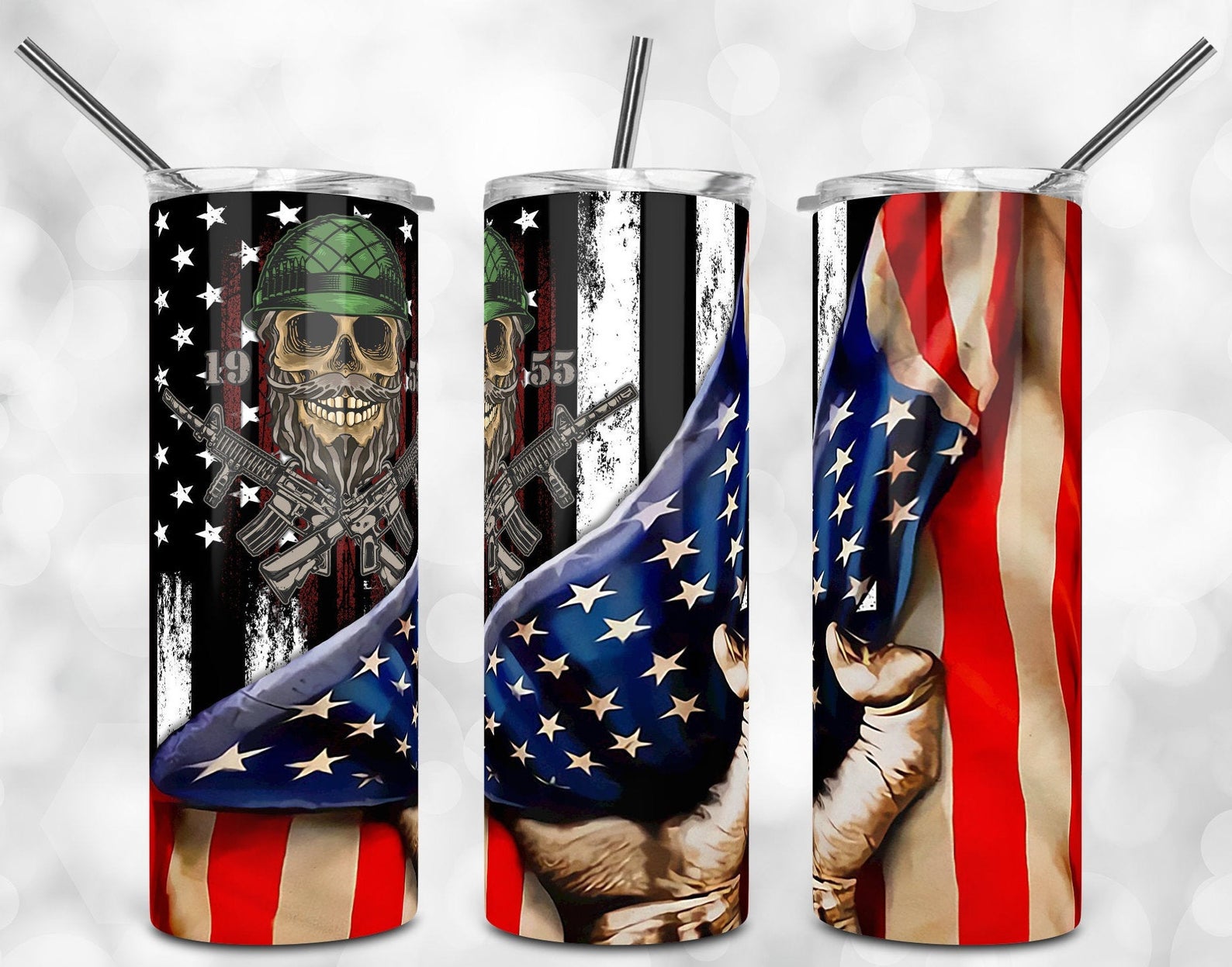 Veteran Military Army Skull American Flag 20Oz Skinny Tumbler