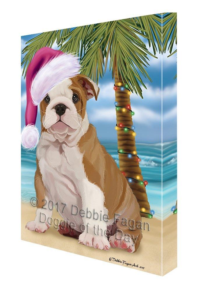 Summertime Happy Holidays Christmas Bulldog Puppy Dog On Tropical Island Beach Canvas Wall Art D098