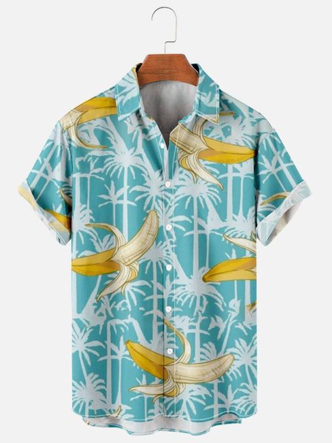 Mens Hawaii Shirt Casual Button Up Short Sleeve Blue Holiday Banana Shirts Tops Ha75355