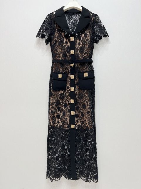 Water Soluble Lace Black Color Turn-down Collar Women Dress Pockets Buttons High Waist Short Sleeve Slim Lady Pencil Dress alx