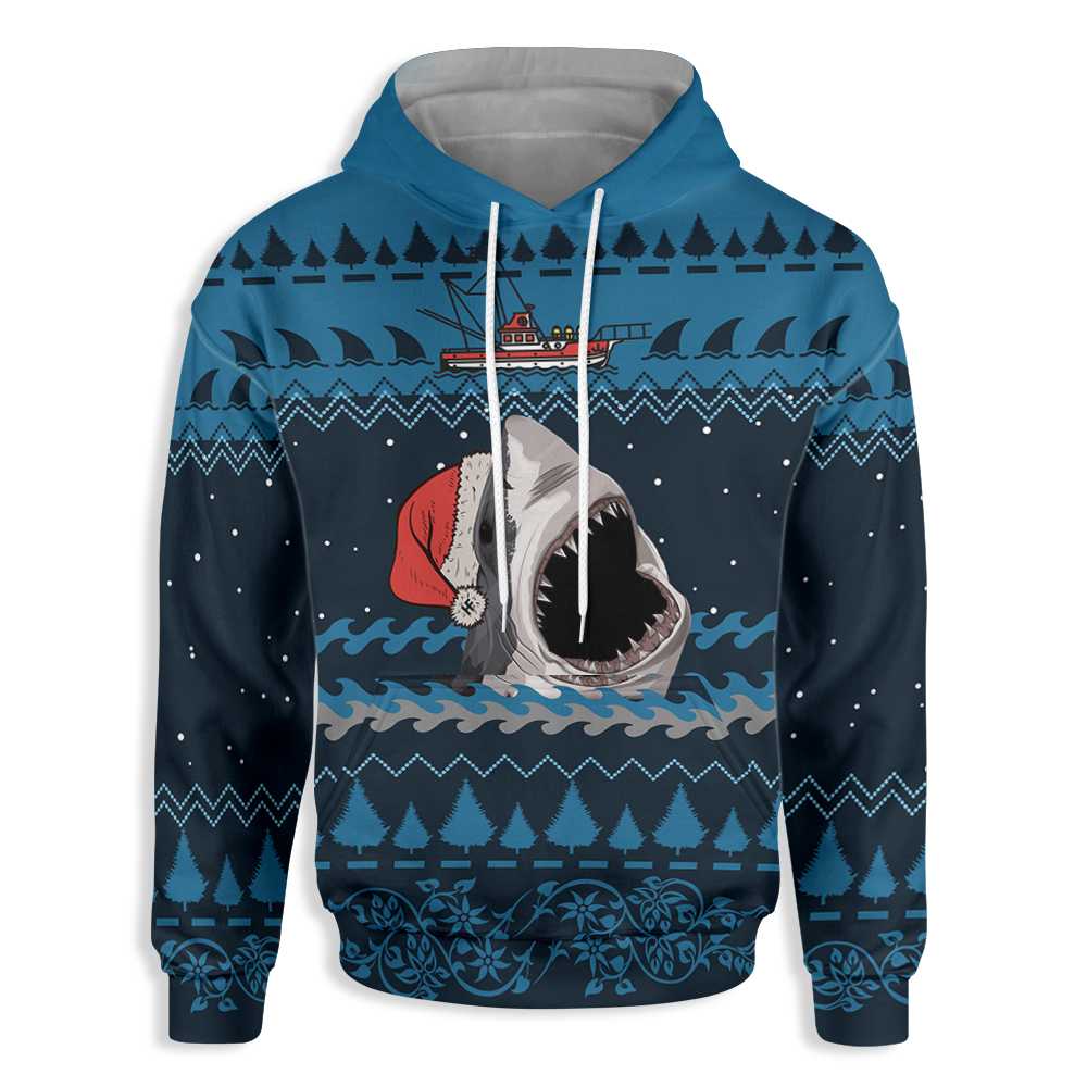 Shark And Christmas Shirt For Men All Over Print Hoodie, Ugly Sweater Blue Hoodie Graphic