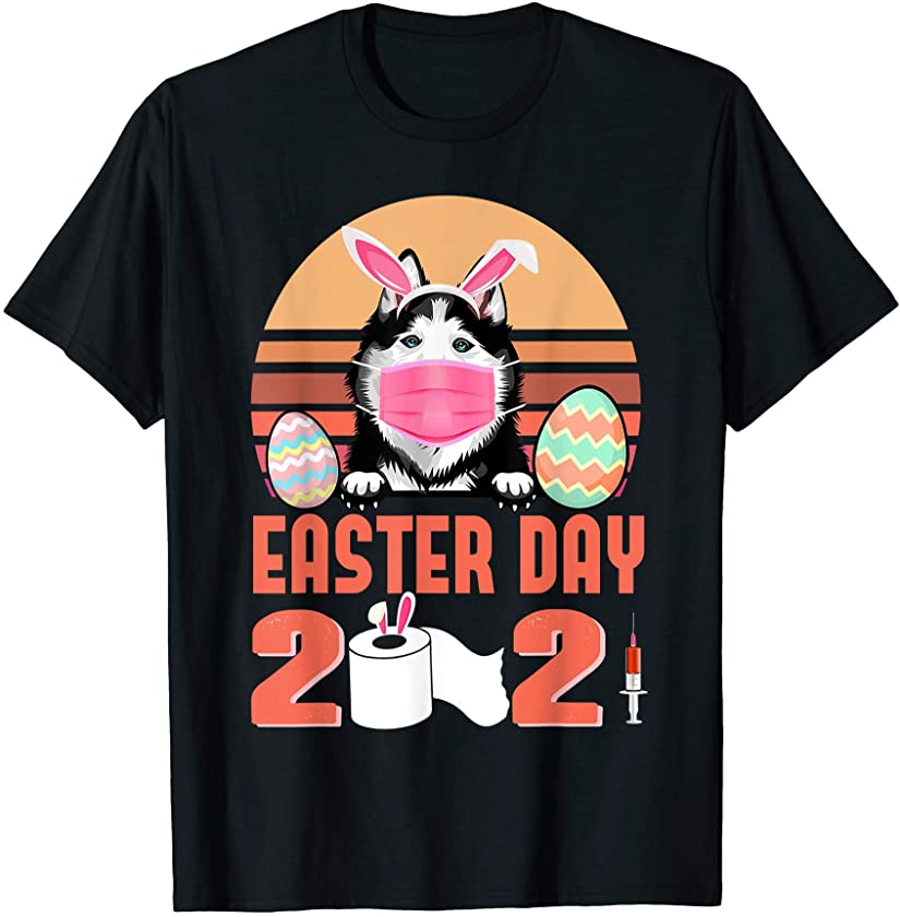 Siberian Husky Dog Face Mask Bunny Egg Easter Day 2021 T-Shirt