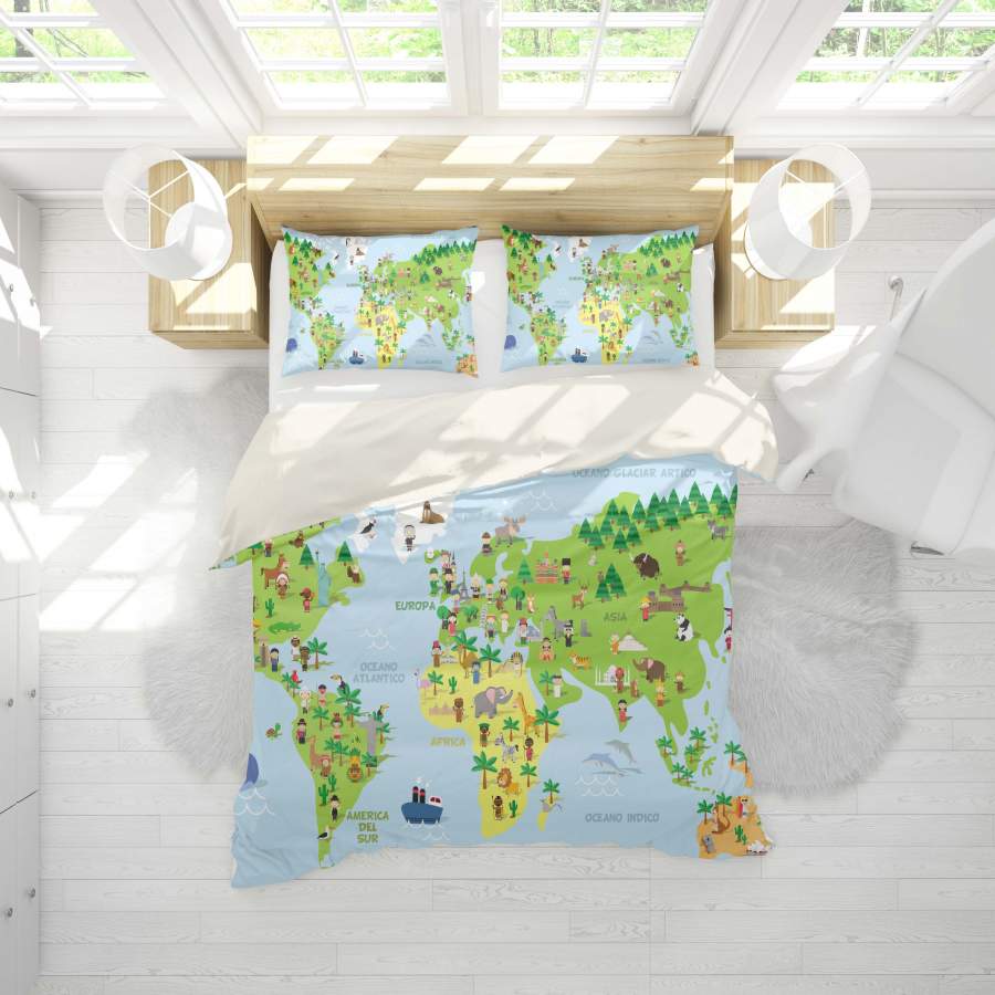 3D Green Animals World Map Quilt Cover Set Bedding Set Pillowcases 55