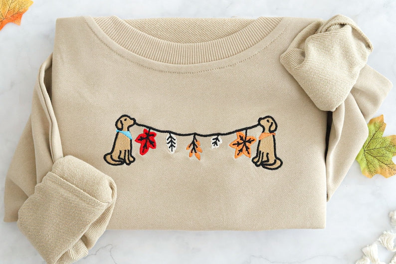 Fall Leaves Dog Embroidered Sweatshirt 2D Crewneck Sweatshirt All Over Print Sweatshirt For Women Sweatshirt For Men Sws3160