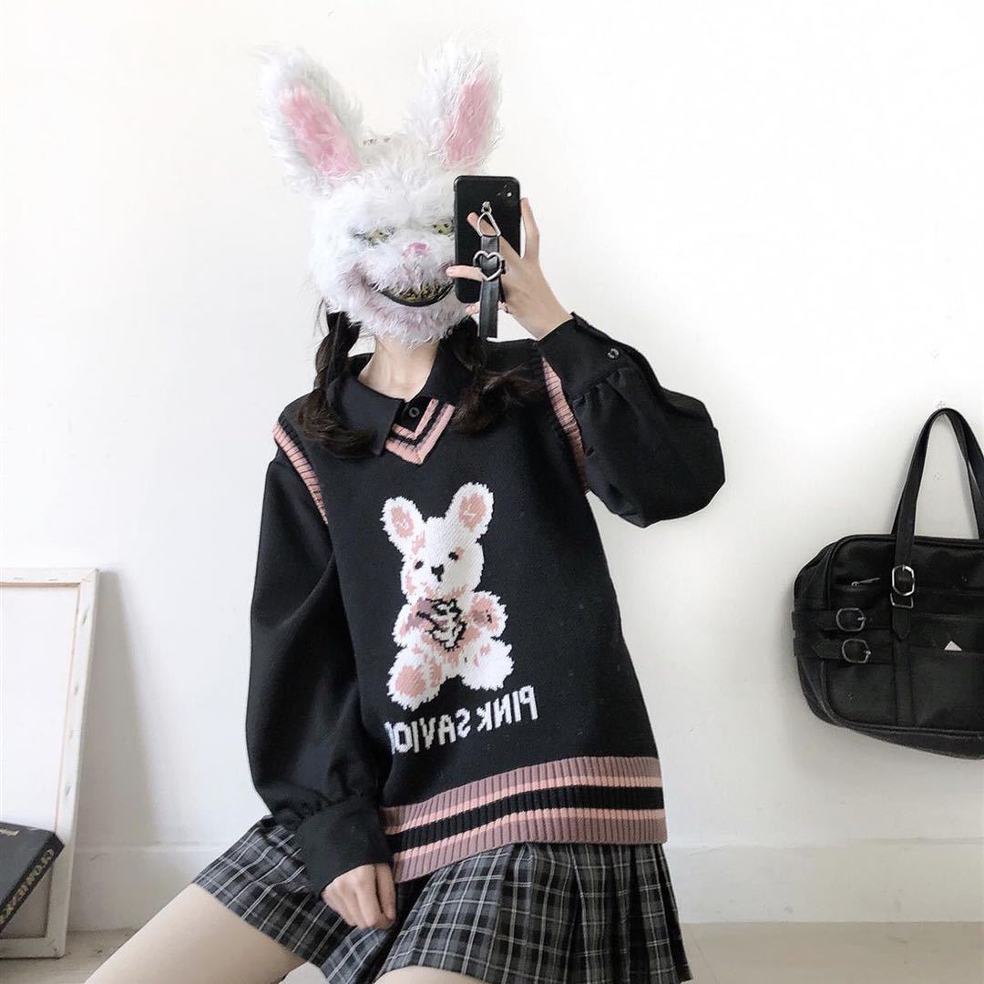 Autumn Winter Harajuku bunny Knitting Sleeve Sweater Casual Long Women Tide Printed Sweater Loose Boyfriend Pullover Gothic punk alx