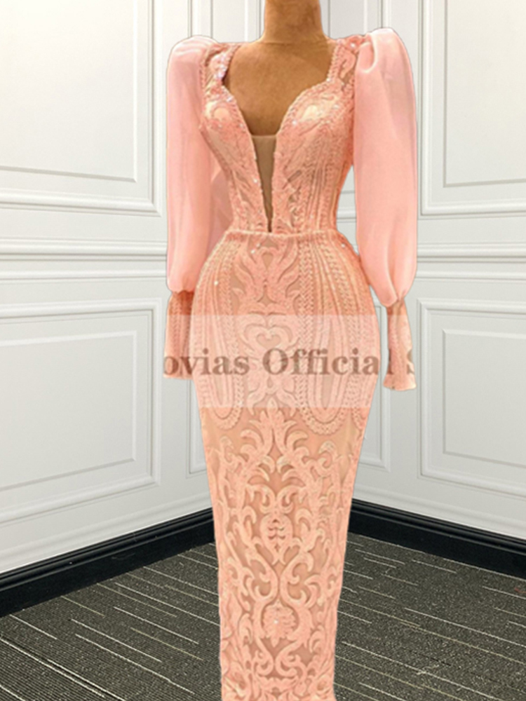 ANGEL NOVIAS Long Sleeves Tea Length Pink Lace Arabic Evening Dress 2022 V Neck Robes De Soiree Longue alx