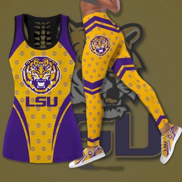 Women Lsu Tigers Hollow Tank Top And Legging Set For Yoga