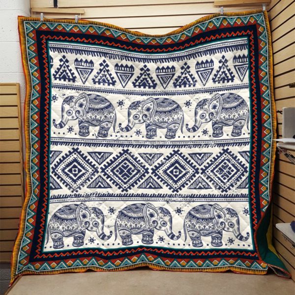 Aztec Elephant  Animal Dark Blue Pattern  Quilt Blanket