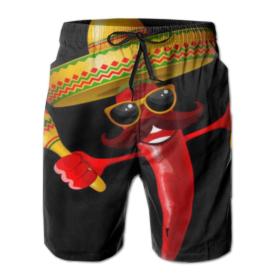 2 Pack Cinco De Mayo Chili Pepper Dancing Moustache Mexican Poster Men Swim Trunks Drawstring Elastic Waist Quick Dry Beach Shorts with Mesh Lining Swimwear Bathing Suits