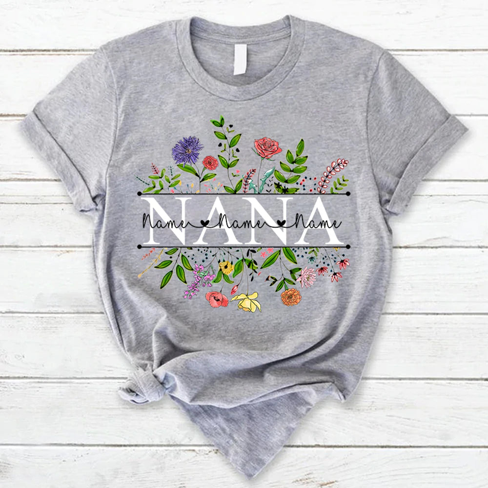 Personalized Nana With Grandkid’S Names Carnation Frame Shirt For Grandma