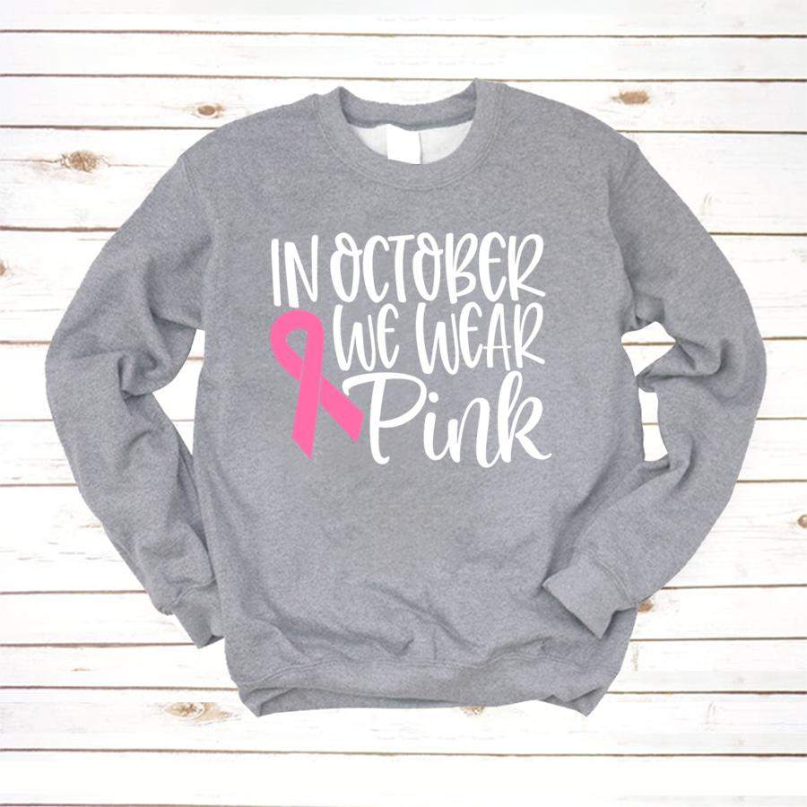 In October We Wear Pink Ribbon Breast Cancer Awareness Gift Long Sleeve T Shirt