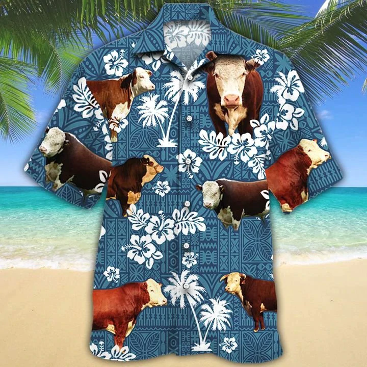 Hereford Cattle Lovers Blue Tribal Hawaii Cow Hawaii Shirts For Women Ha17234