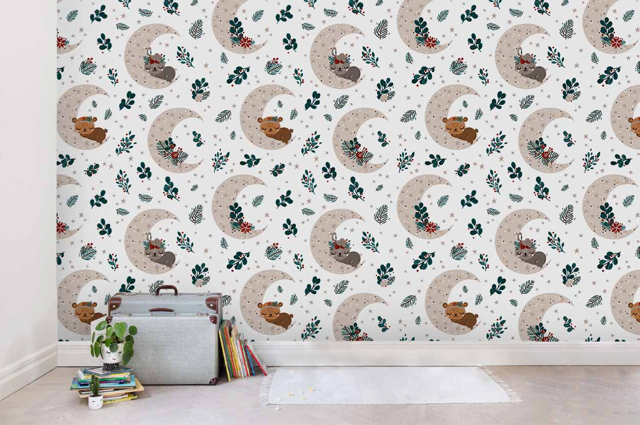 3D Moon Star Animal Leaves Cartoon Wall Mural Wallpaper Sf19