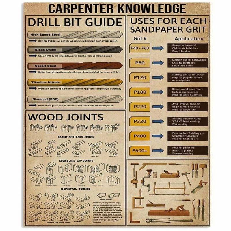 Carpenter Knowledge Drill Bit Guide Uses For Each Sandpaper Grit Wood Joints Pretty Gift For Carpenter Lovers Poster And Canvas