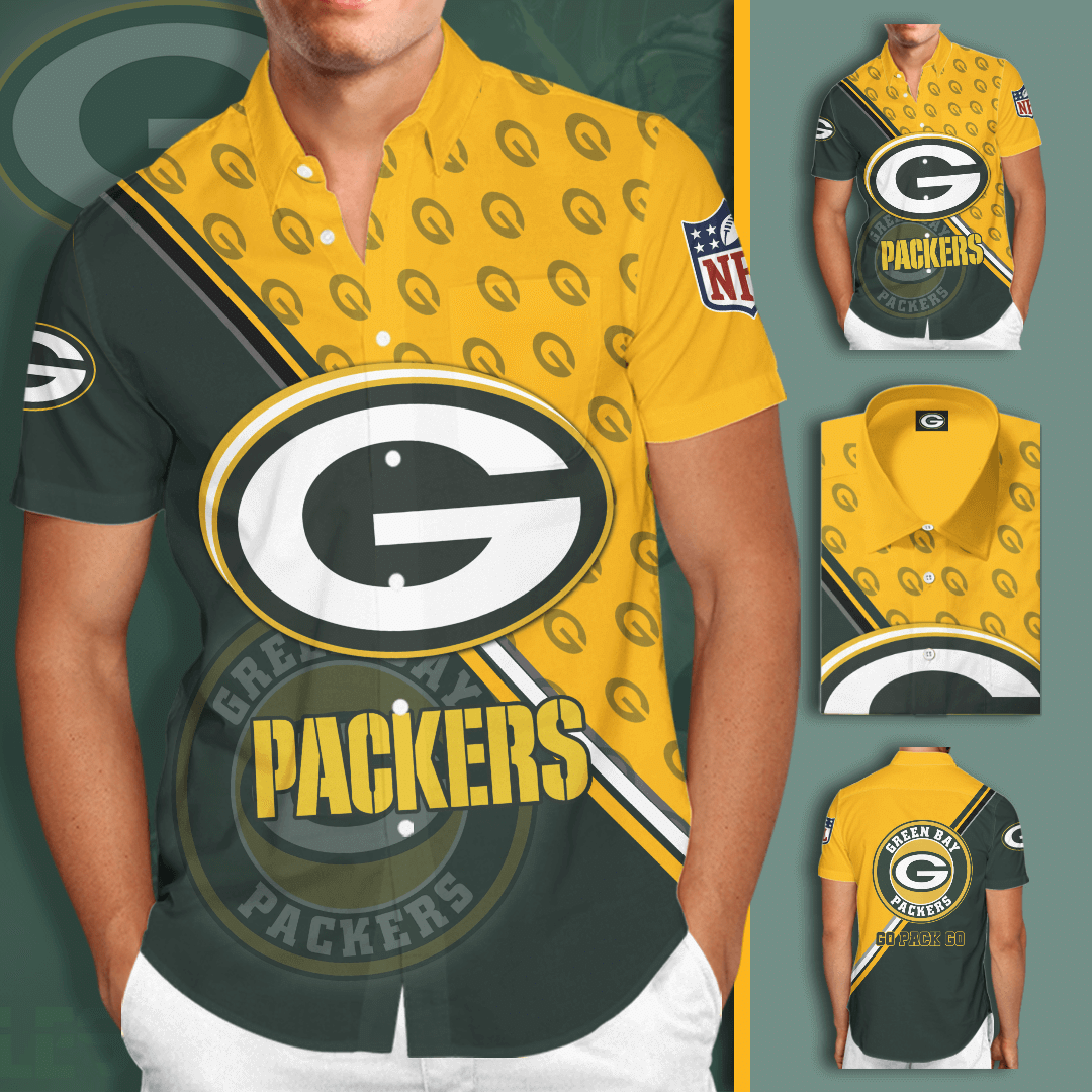 Green Bay Packers Logo All Over Print 3D Short Sleeve Dress Shirt Hawaiian Summer Aloha Beach Shirt – Dark Green Yellow-Tph