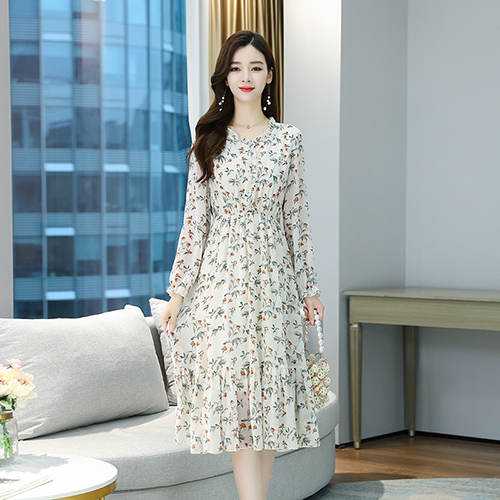 2022 Vintage Floral Chiffon Casual Midi Dress Autumn Winter New Print Long Sleeve Dress Elegant Women Bodycon Party Maxi Vestido alx