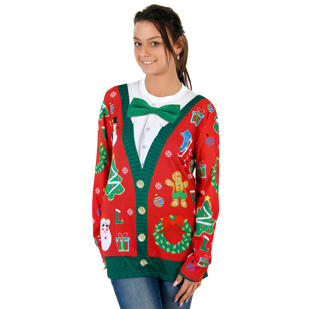 Women’S Christmas Cardigan With Bow Long Sleeve All Over Print Ugly Christmas Shirt