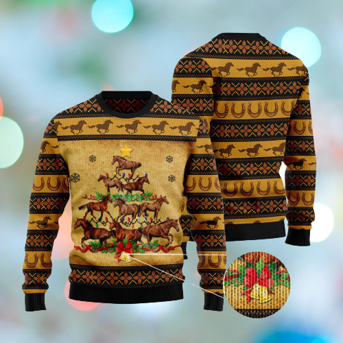 Unifinz Horse Christmas Ugly Sweater Horse Christmas Tree Brown Yellow Sweater 2022