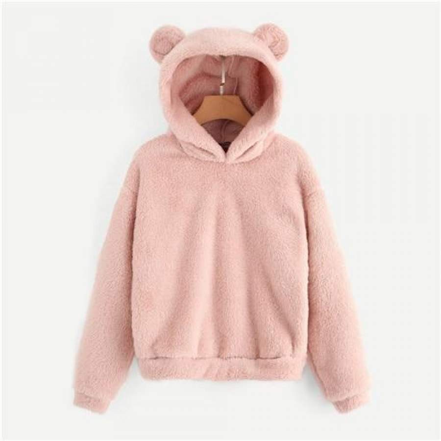Preppy Lovely With Bears Ears Solid Teddy Hoodie