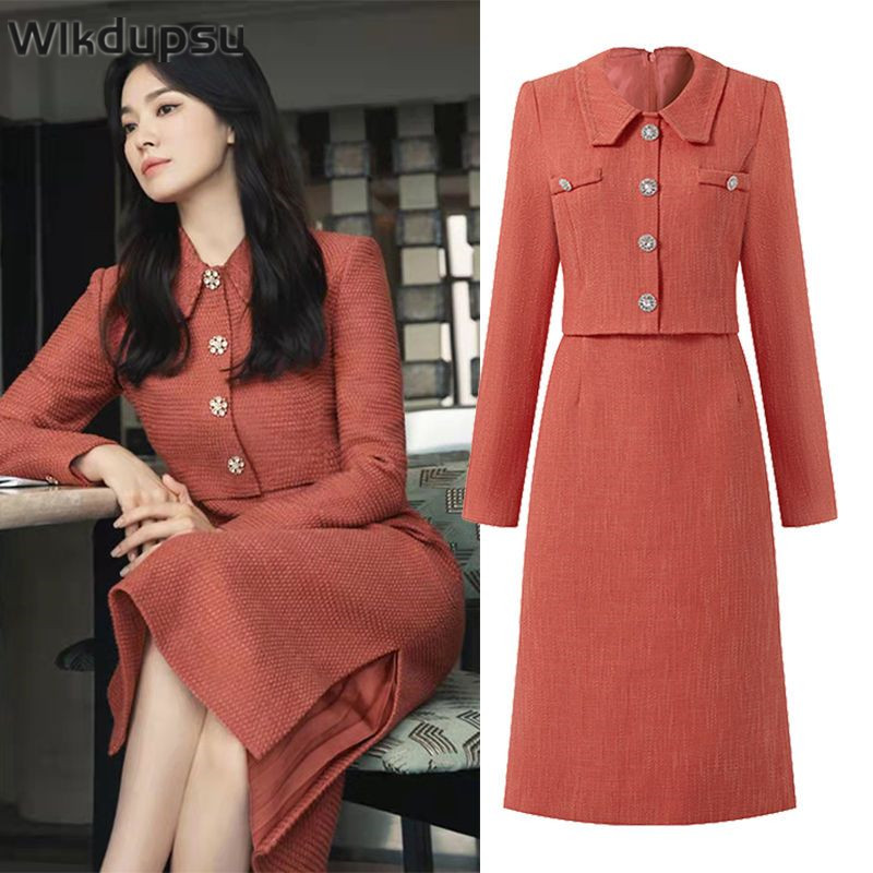 Women Tweed Long Sleeve Dress Autumn Winter Elegant Luxury High Waist Slim Fit Korean Style Office Ladies Formal Dresses Female alx