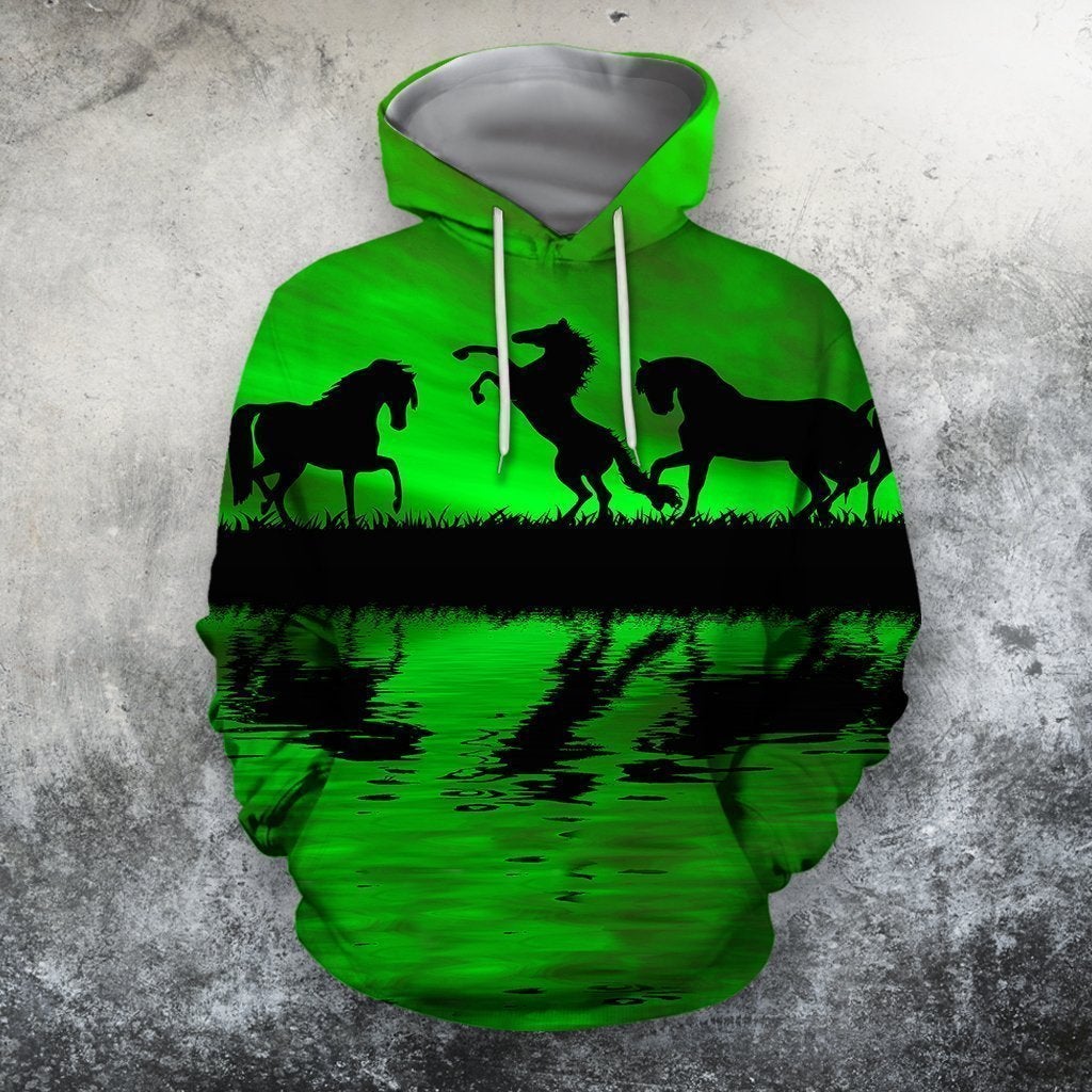 3D All Over Print Green Animals Horse Hoodie