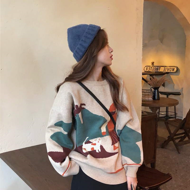 Cartoon Sweater Women Casual Long Sleeve College Style Tops Kawaii O-Neck Harajuku Streetwear Loose Chic Knitwear New 2022 alx