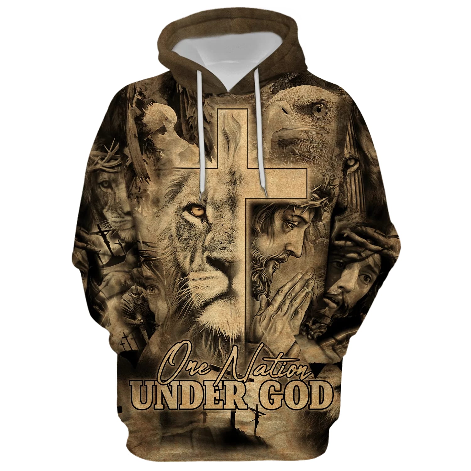 One Nation Under God The Cross Lion Of Judah Hoodie Men & Women Christian Hoodie 3D Printed Hoodie