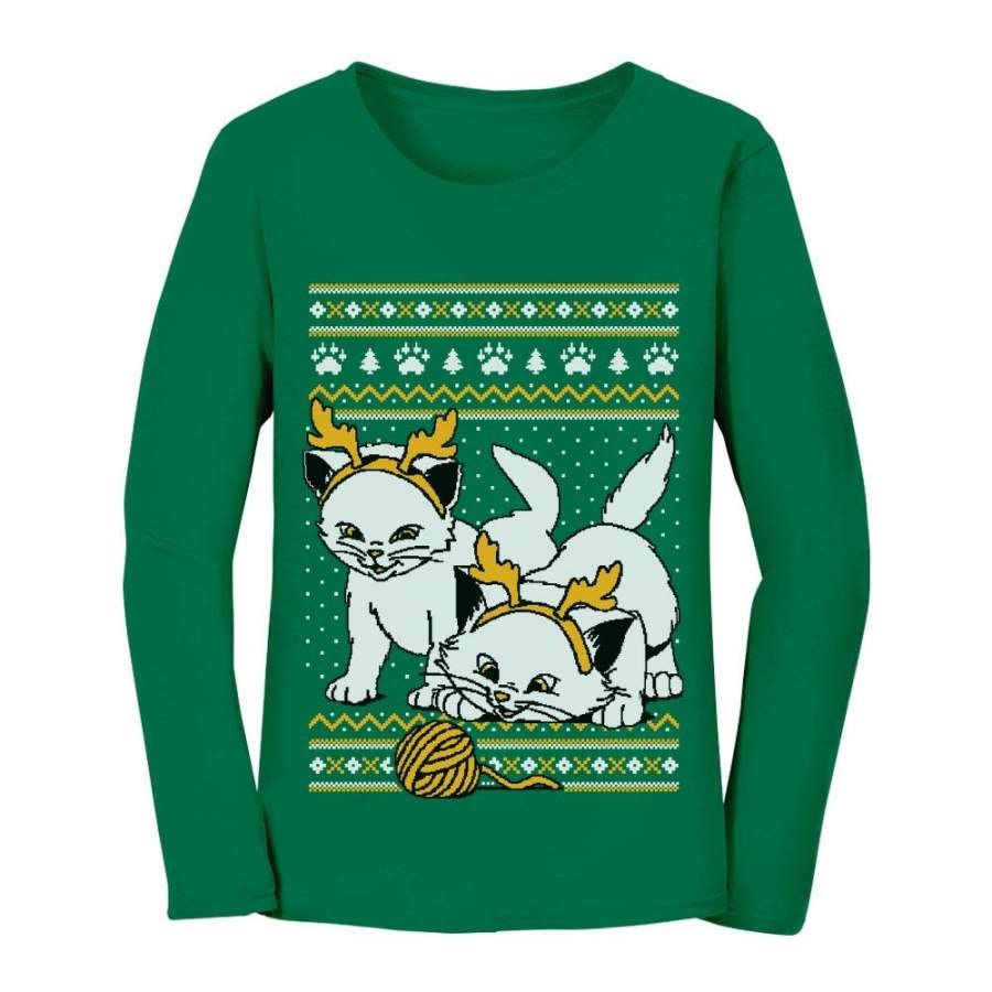 Cats with Reindeer Antler Headband Ugly Christmas Women Long Sleeve T-Shirt