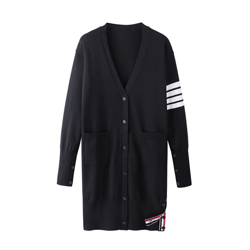 Autumn 2021 Korean version of the four-bar arm striped TBB style knitted V-neck cardigan jacket female wild mid-length alx