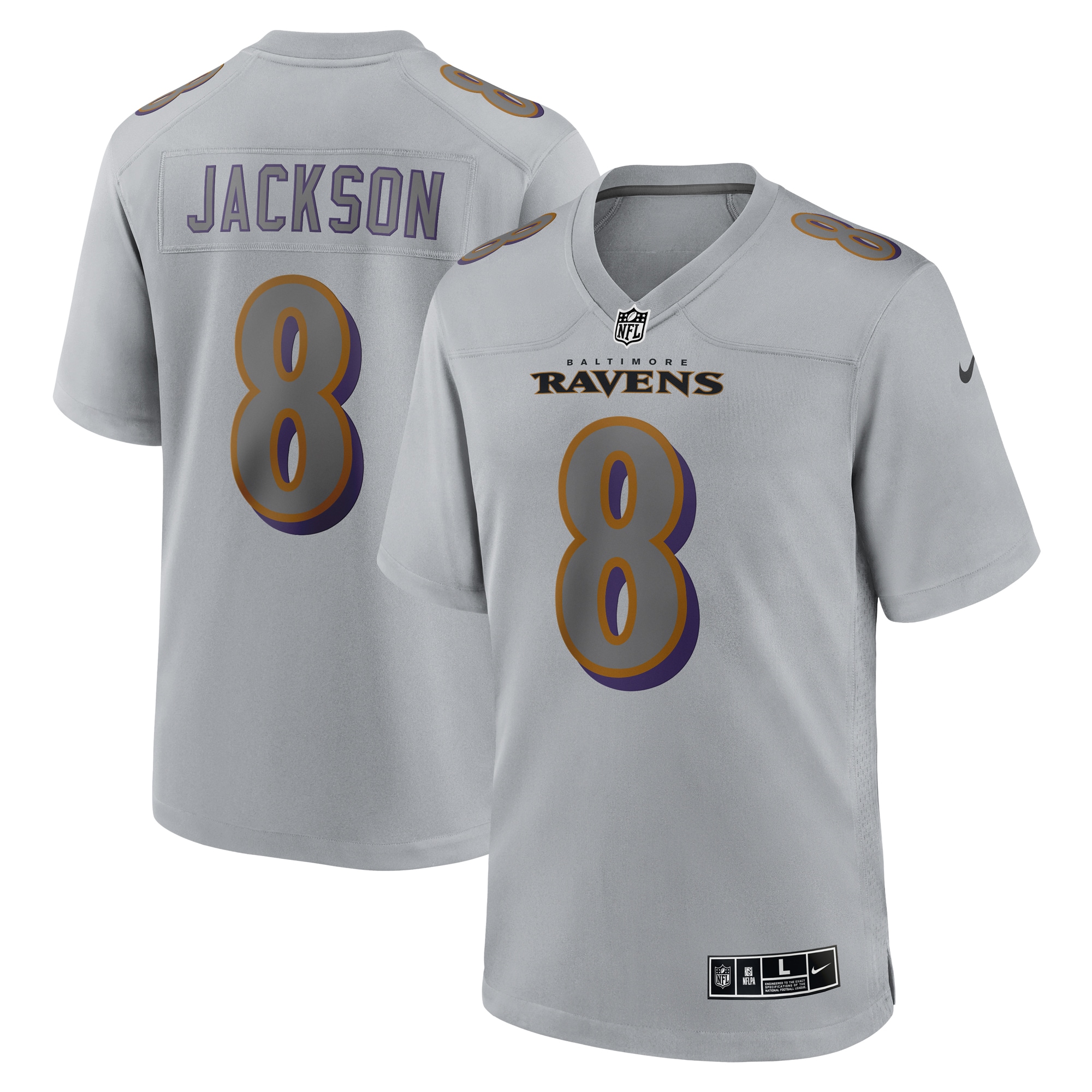 Men’s Baltimore Ravens Lamar Jackson Gray Atmosphere Fashion Game Jersey