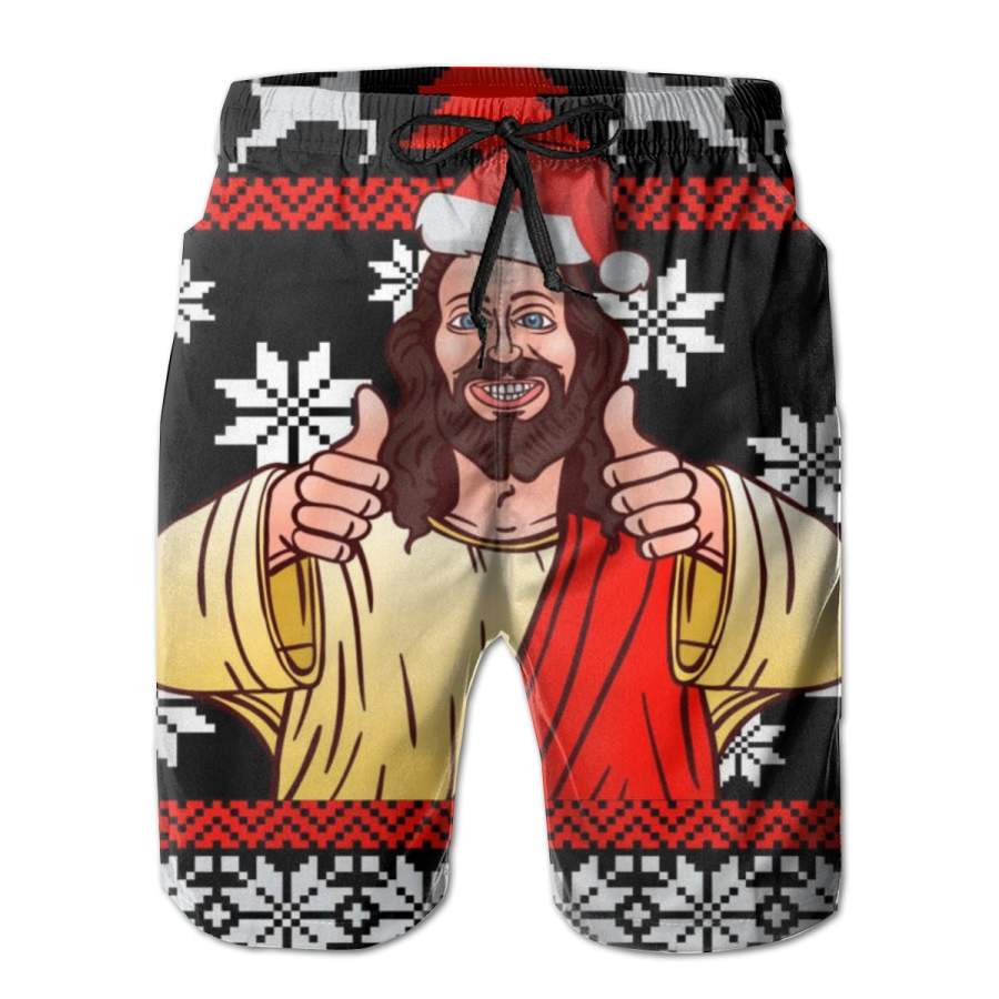 2 Pack Jesus Ugly Christmas Sweater Birthday Poster Men Swim Trunks Drawstring Elastic Waist Quick Dry Beach Shorts with Mesh Lining Swimwear Bathing Suits