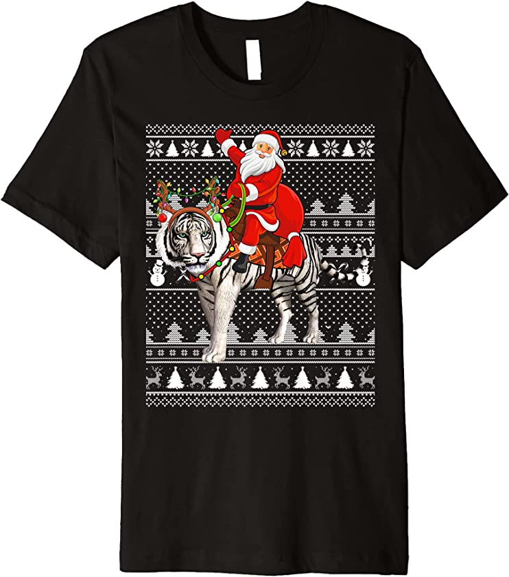 White Tiger Lover Santa Riding White Tiger Ugly Christmas Premium T-Shirt