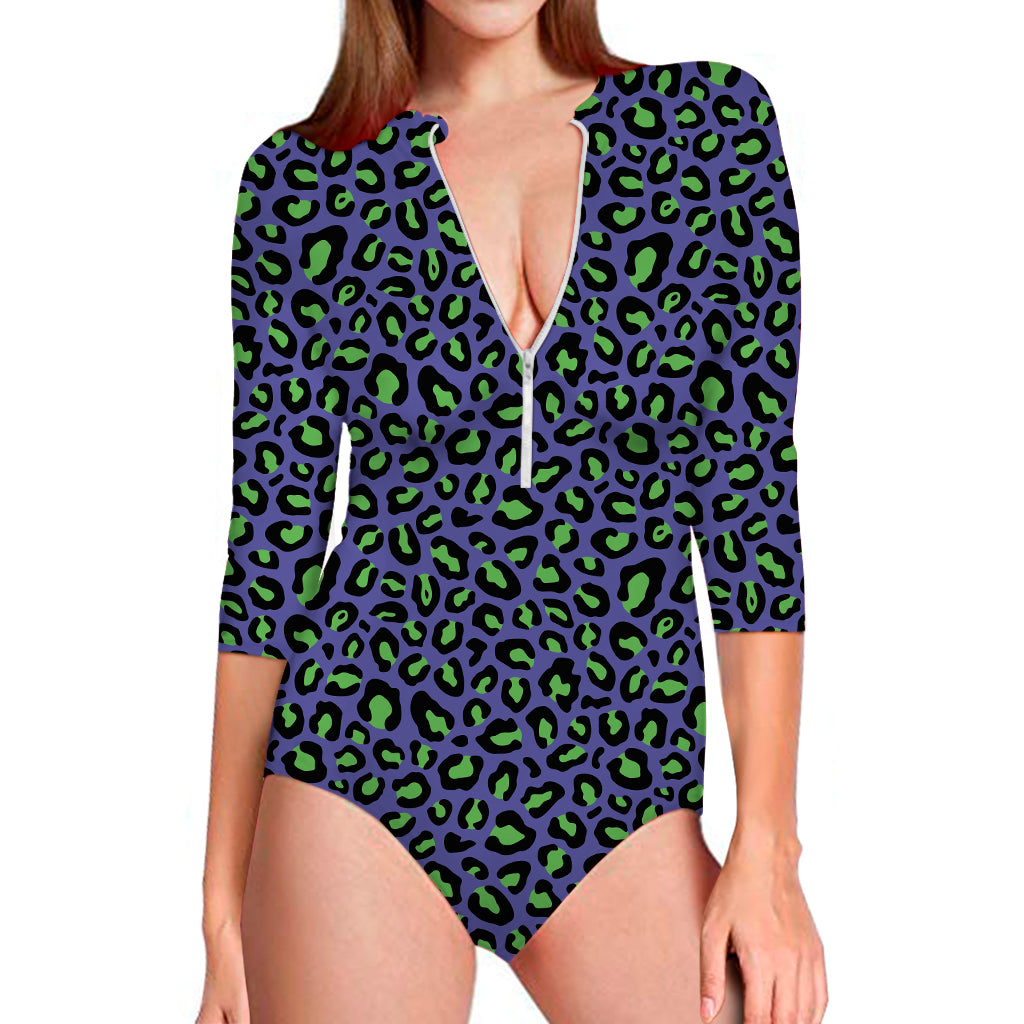 Purple And Green Leopard Pattern Print Long Sleeve One Piece Swimsuit