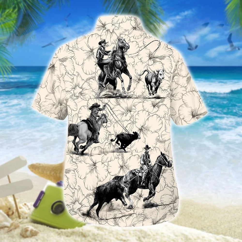 Calf Roping Hibiscus Patern White Hawaii Shirt Ha60210