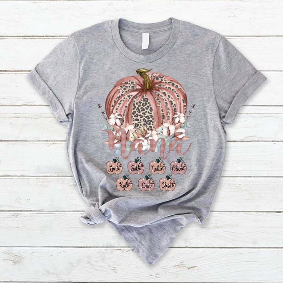 Nana And Grandkids Pumpkin Leopard Personalized T-Shirt