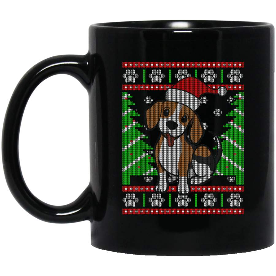 Beagle Dog Holiday Tree Pawprints Vet Ugly Christmas  11 oz 15 oz Mug Black