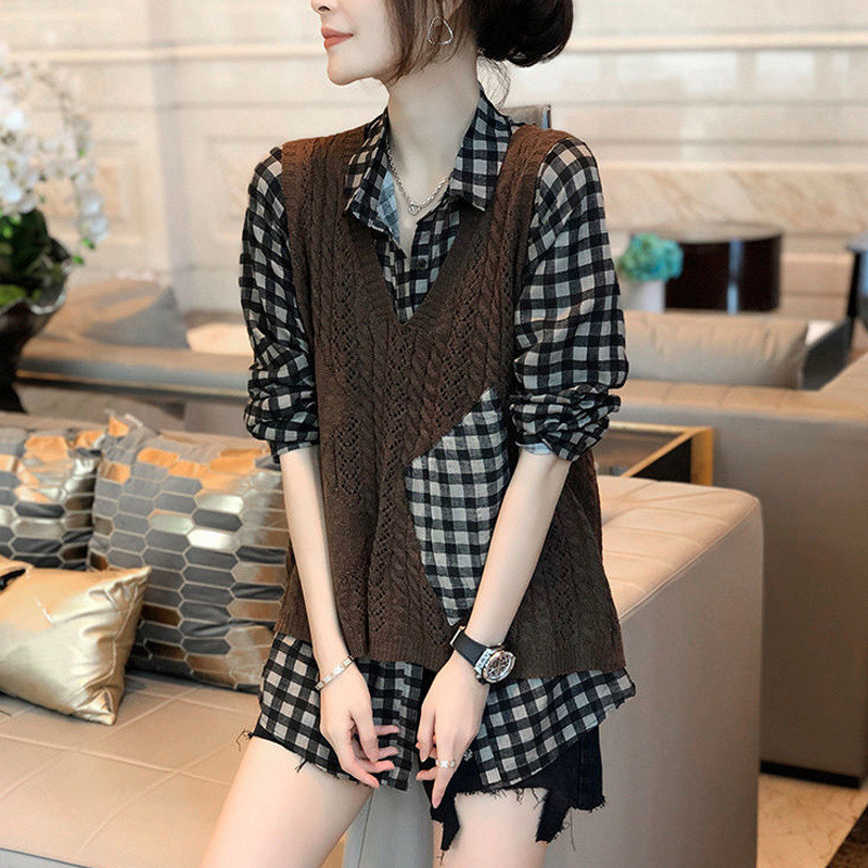 Spring Autumn Retro Fashion Plaid Patches Hollow V Neck Sleeveless Knitted Sweater Vest Women Casual Street Pullover Top Female alx