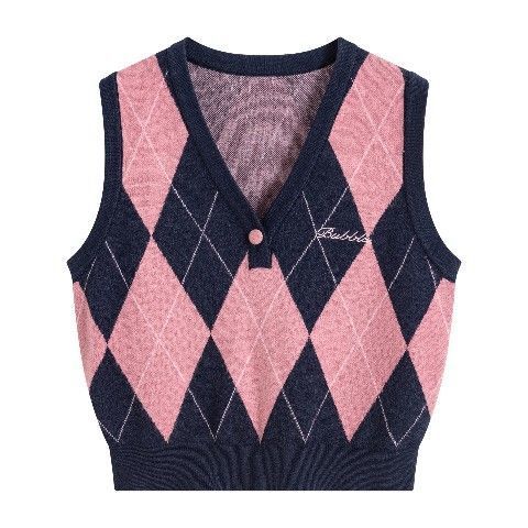 Y2k Sweater Vest Women Knitted Slim Vintage Argyle Spring Fall Cropped Knitwear Basic Sleeveless All-match Japanese Preppy Style alx