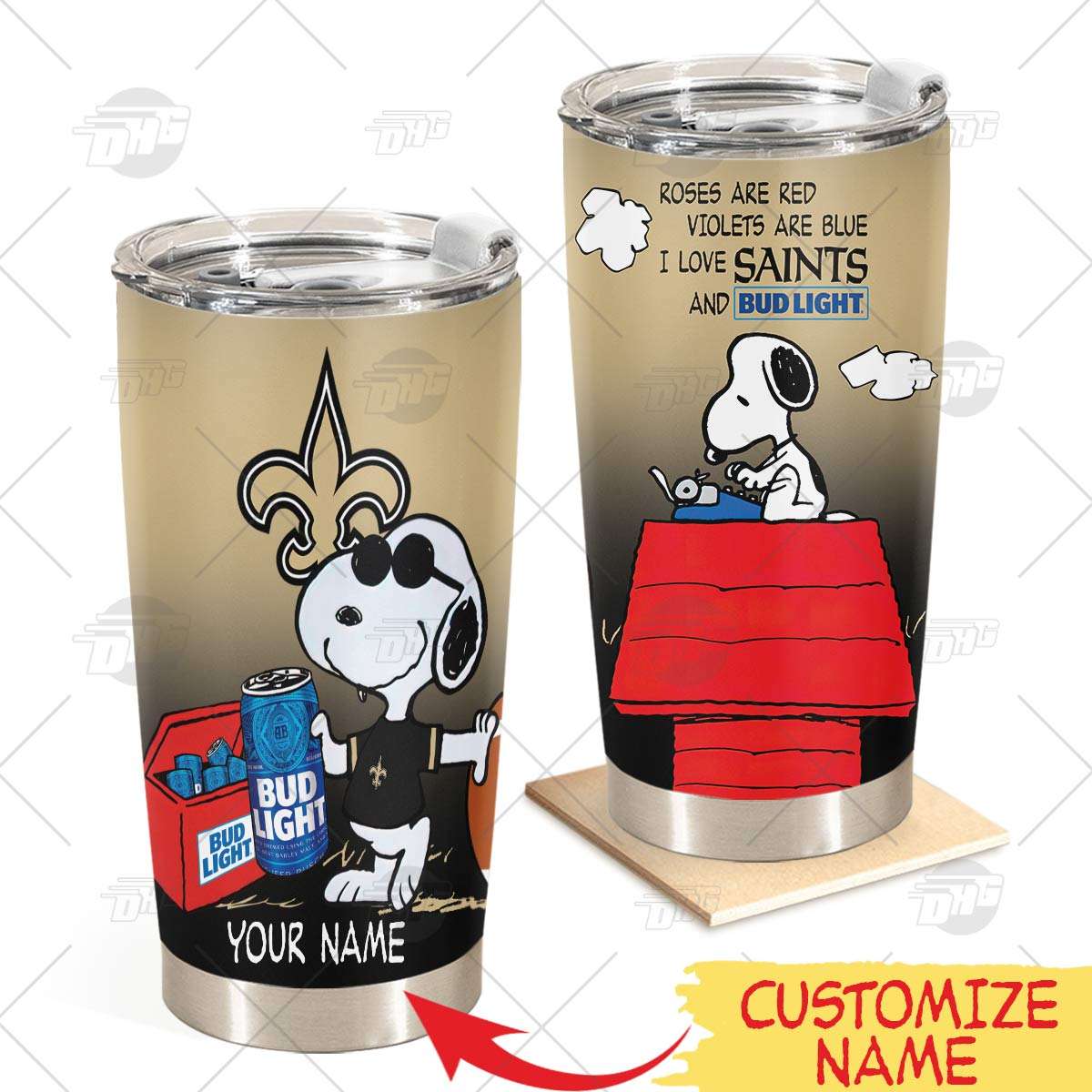 Personalized New Orleans Saints Tumbler Snoopy Bud Light Beer Lover Stainless Steel Tumbler 20Oz 30Oz