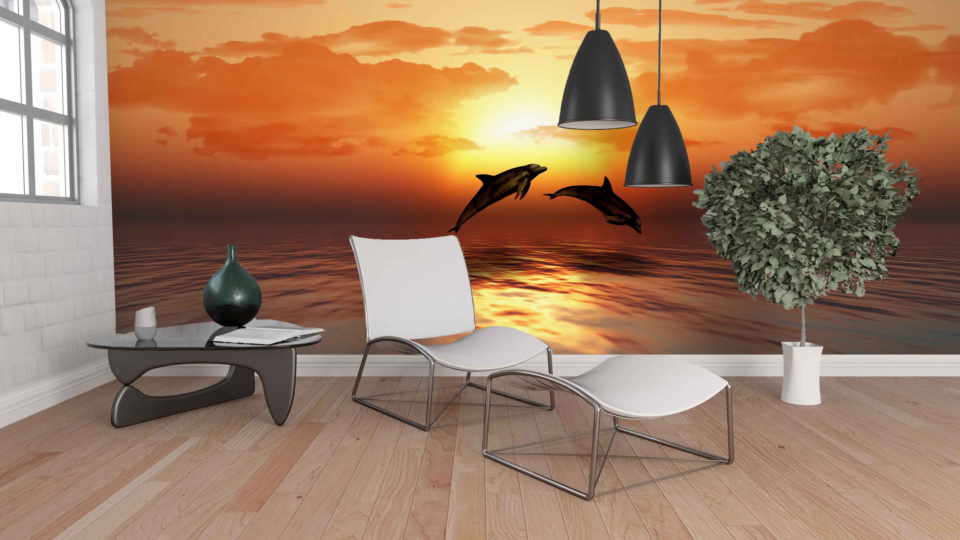 3D Sunset Sea Dolphin Wall Mural Wallpaper 95