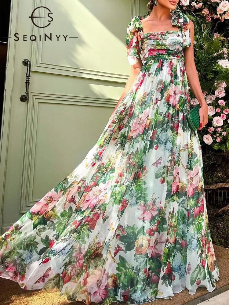 SEQINYY Green Long Dress Summer Spring New Fashion Design Women Runway High Street Draped Chiffon Sicily Pink Flowers Print alx