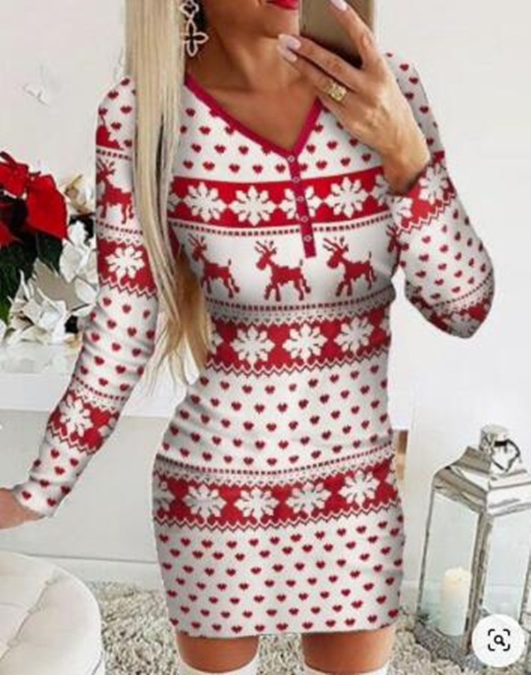 Autumn Winter Knitted Sweater Dress Women Christmas Xmas Deer Printed Long Sleeve Bodycon Dresses Knitwear Sweaters Clothes alx