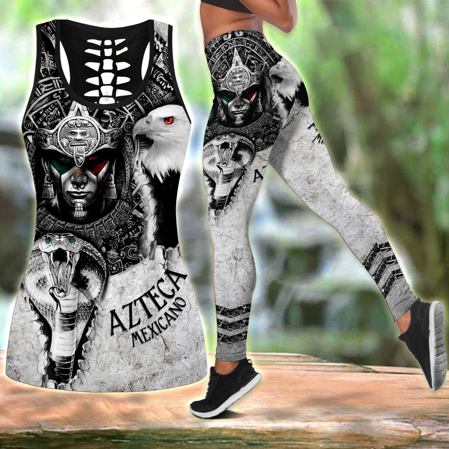 White Aztec Warrior Mix Mexican Eagle Snake On Sleeves And Chest Aztec All Over Printed Combo Legging And Tank Top – Am Style Design