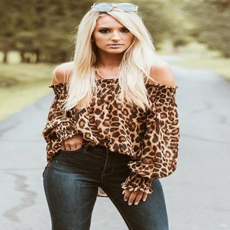 Off The Shoulder Long Sleeve Leopard Print Top