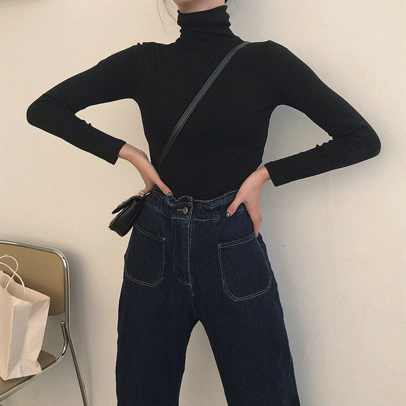 Spring Autumn Long Sleeve Top Slim Knitted Bottoming Shirt Korean Fashion Black Turtleneck Sweater Women Clothing Pullover alx