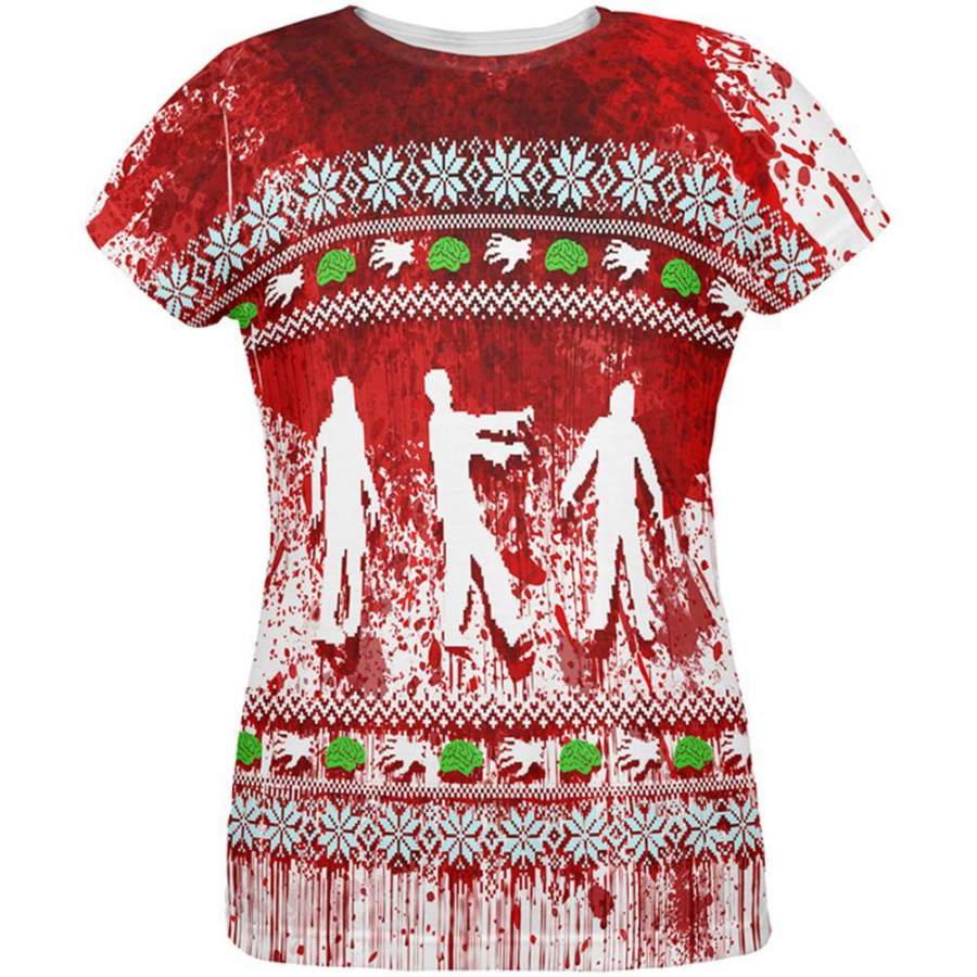 Ugly Christmas Sweater Bloody Zombie Attack Survivor All Over Womens T Shirt