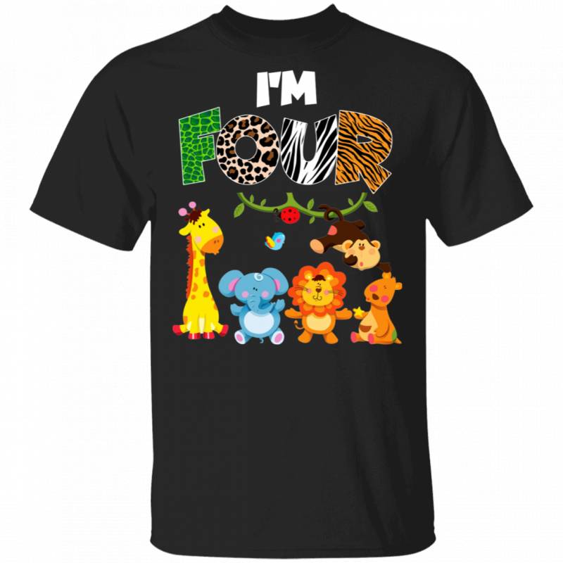 I’m Four Cool Giraffe Elephant Lion Bear Monkey Wild Animal Lover 4th Birthday Gifts T-Shirt