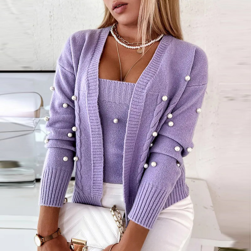 2022 Fashion Pearl Decorate Sweaters Coats Autumn Women Solid Knitted Sling Tank Top With Cardigan Sweater Two Piece Set Outfits alx