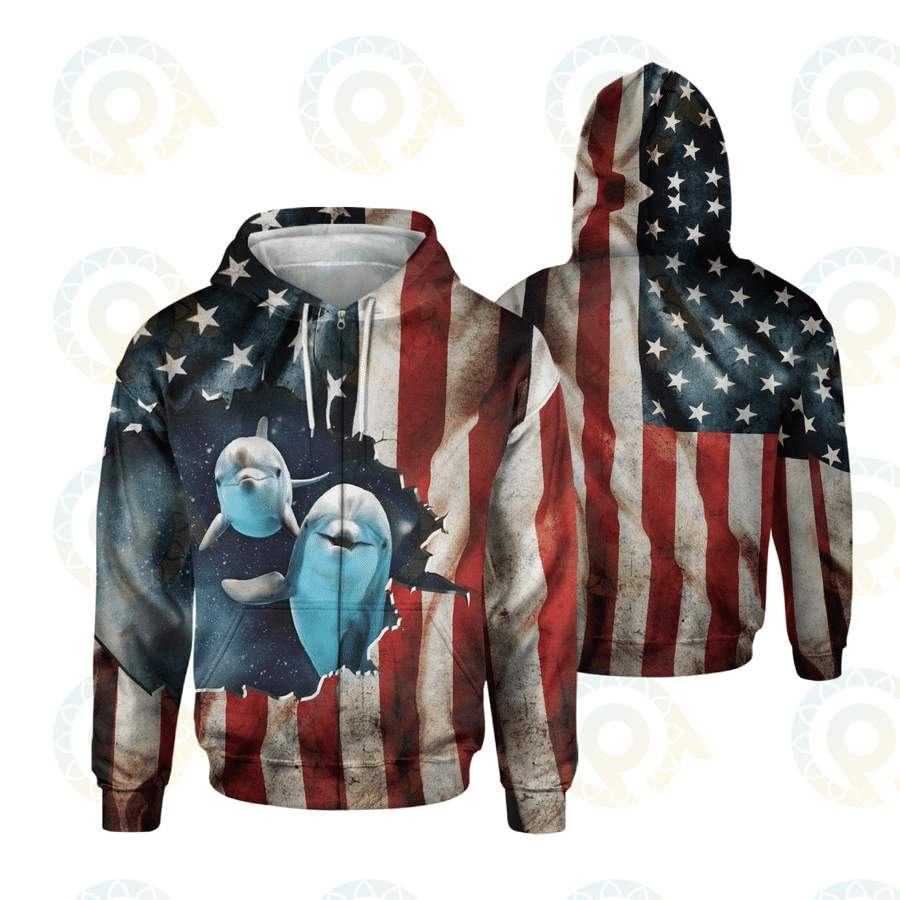 Dolphin U.S Flag Hoodie 3D All Over Print