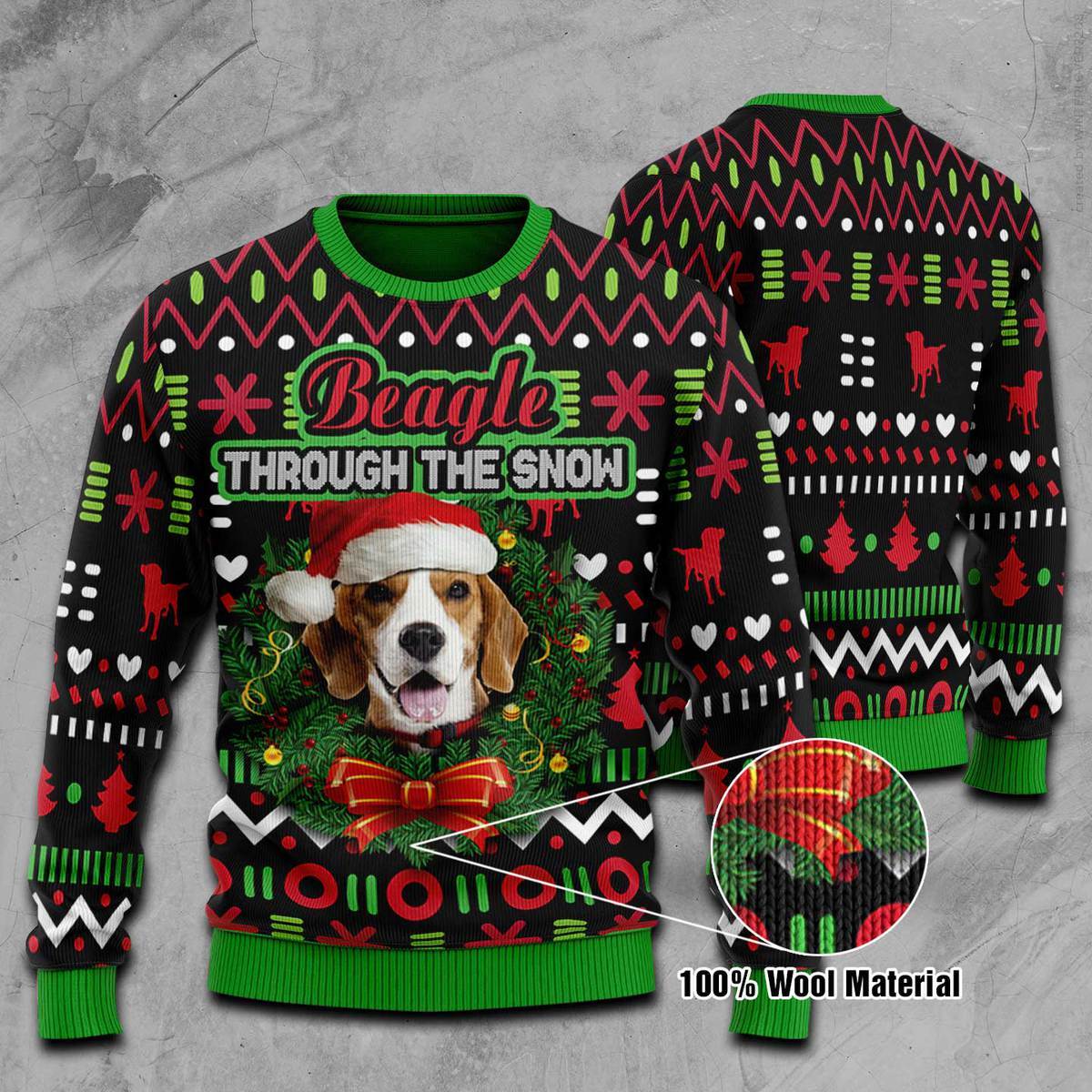 W Beagle Snow Merry Christmas 3D All Over Printed 100% Wool Material Sweater